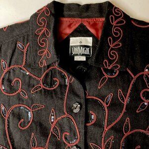 Yak Magik 100% Cotton Jacket Charcoal Black Red All Over Embroidery Sz M